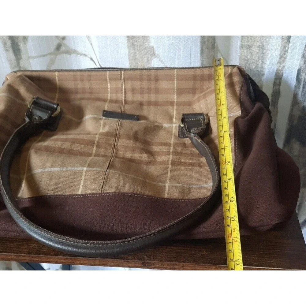 Eddie Bauer Brown Plaid Canvas and Dark Brown Leather Top-Handle Bag